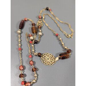 Avon SP Bohemian Necklace Amber Color Beads Gold Tone Filigree Long Chain 38‎ in